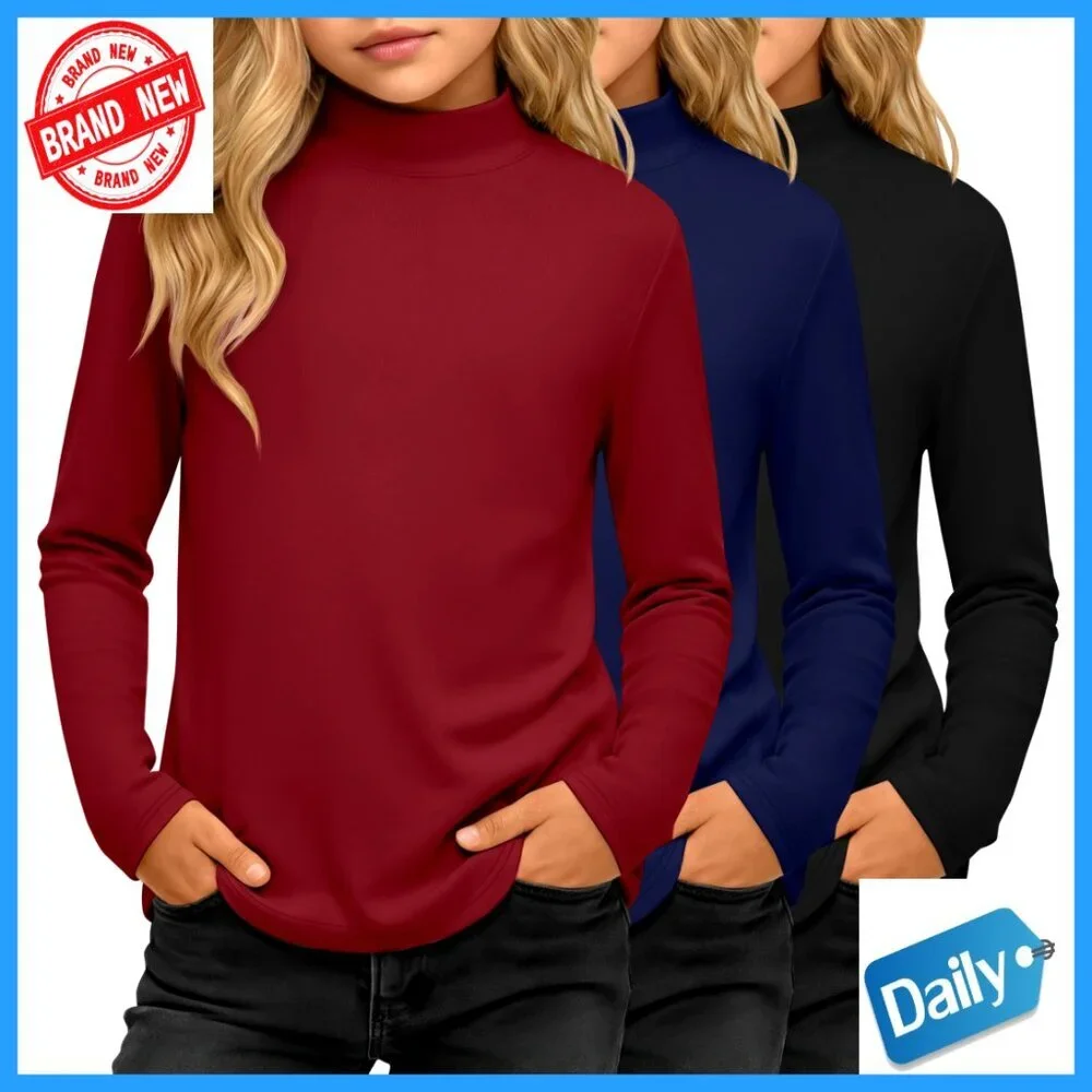 Girls' Mock Turtleneck Long Sleeve Tees 3 Pack Warm Slim Fit Basic Layer